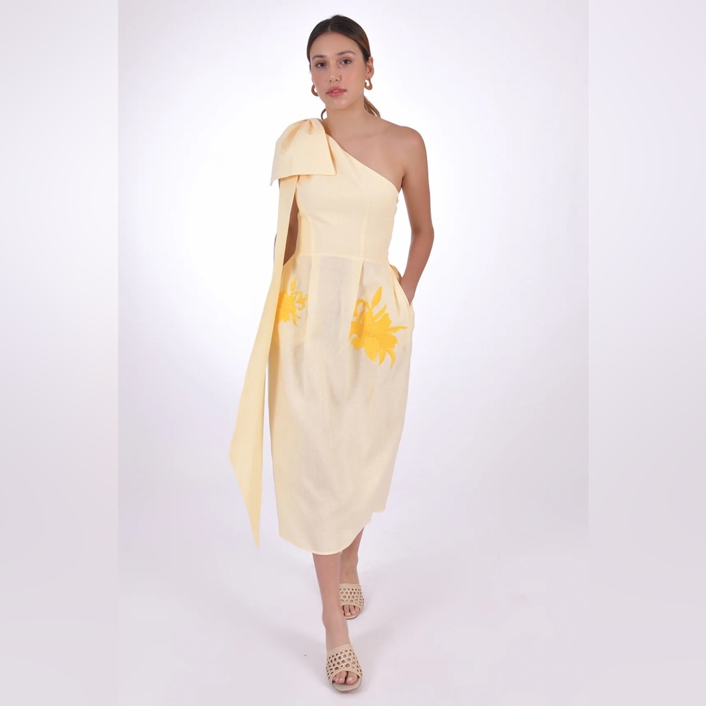 Elegant One-Shoulder Cream Dress with Yellow Accents Fanm Mon Tuckernuck